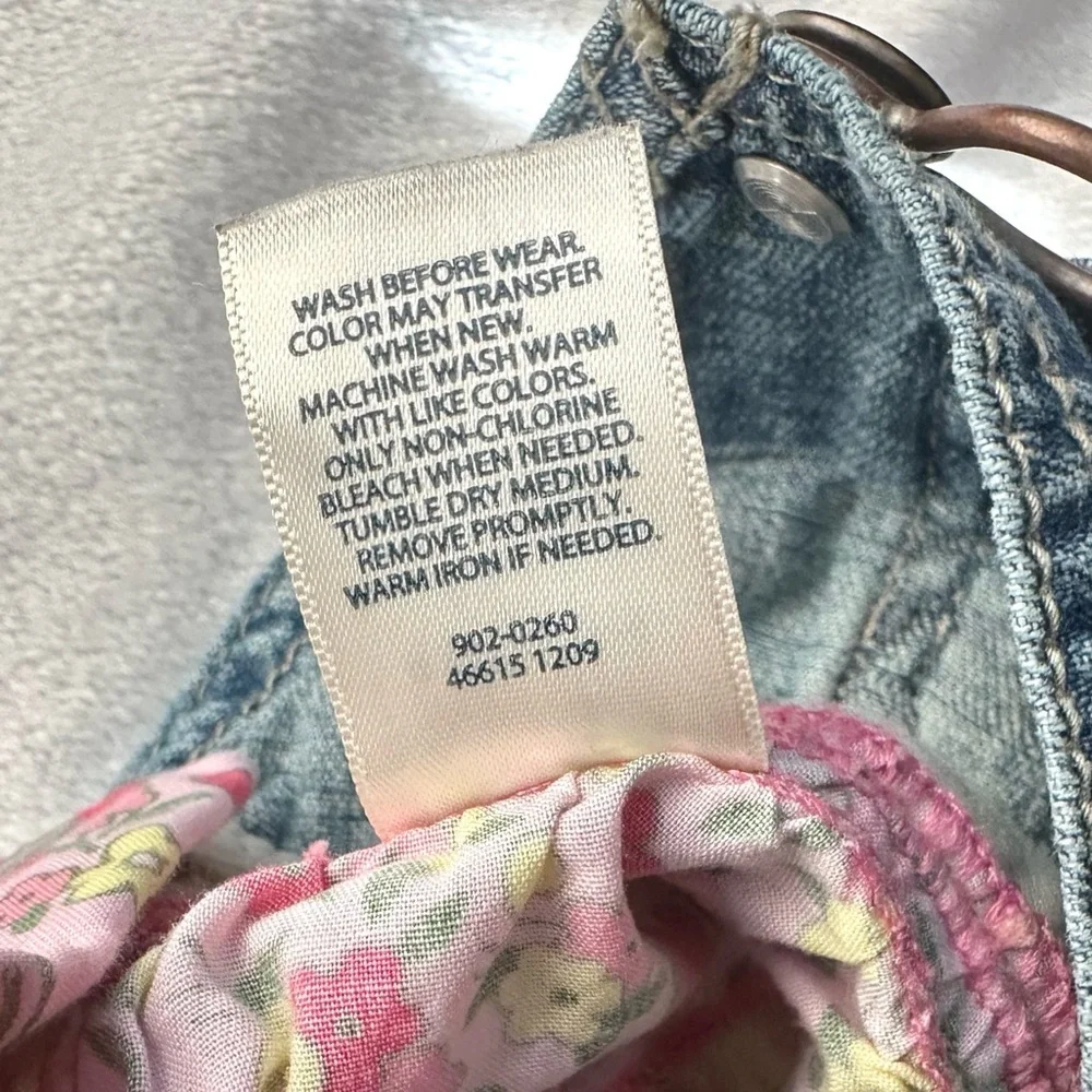 OshKosh Bib Denim Overalls Dress Baby Girl 9M Floral Ruffles Vtg Y2K Pink Yellow